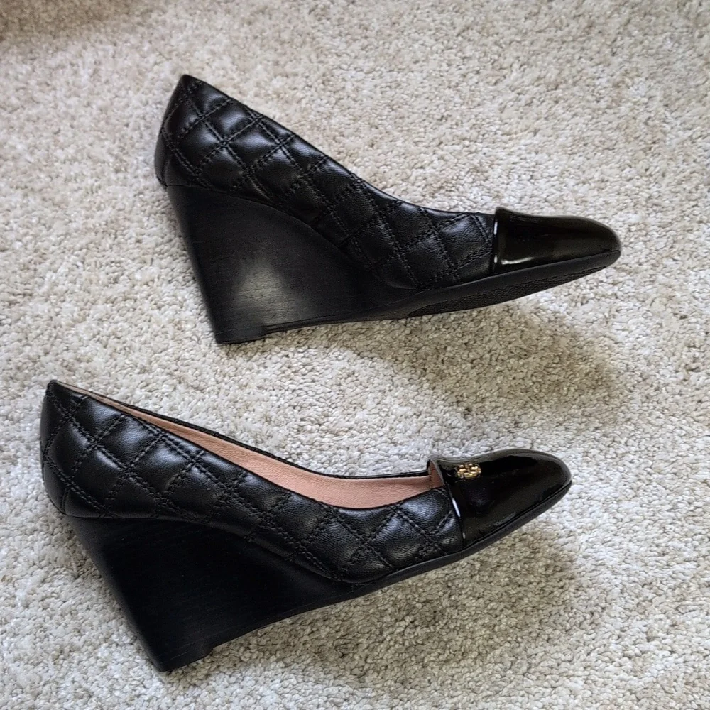 Tory Burch Claremont Black Patent Leather Quilted Wedges - Size 6.5